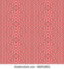 Seamless pattern with symmetric geometric ornament. Striped red white abstract background. Abstract repeated triangles wallpaper. Vector illustration
