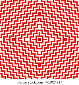 Seamless pattern with symmetric geometric ornament. Striped red white abstract background. Abstract repeated triangles wallpaper. Vector illustration