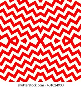 Seamless pattern with symmetric geometric ornament. Striped red white abstract background. Abstract repeated triangles wallpaper. Vector illustration