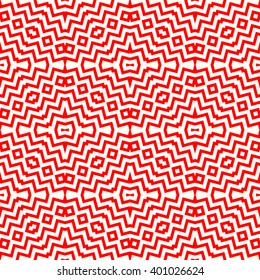 Seamless pattern with symmetric geometric ornament. Striped red white abstract background. Abstract repeated triangles wallpaper. Vector illustration