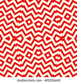 Seamless pattern with symmetric geometric ornament. Striped red white abstract background. Abstract repeated triangles wallpaper. Vector illustration