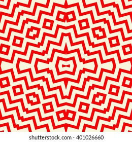 Seamless pattern with symmetric geometric ornament. Striped red white abstract background. Abstract repeated triangles wallpaper. Vector illustration