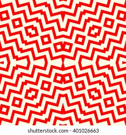 Seamless pattern with symmetric geometric ornament. Striped red white abstract background. Abstract repeated triangles wallpaper. Vector illustration
