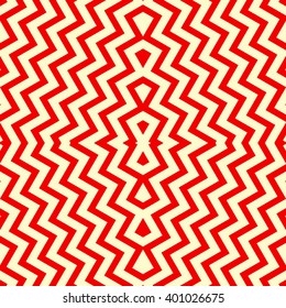 Seamless pattern with symmetric geometric ornament. Striped red white abstract background. Abstract repeated triangles wallpaper. Vector illustration