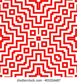 Seamless pattern with symmetric geometric ornament. Striped red white abstract background. Abstract repeated triangles wallpaper. Vector illustration