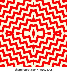 Seamless pattern with symmetric geometric ornament. Striped red white abstract background. Abstract repeated triangles wallpaper. Vector illustration