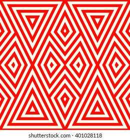 Seamless pattern with symmetric geometric ornament. Striped red white abstract background. Abstract repeated triangles wallpaper. Vector illustration