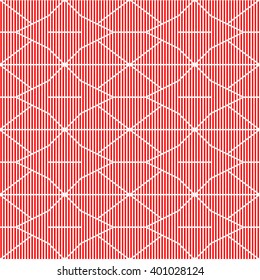 Seamless pattern with symmetric geometric ornament. Striped red white abstract background. Abstract repeated triangles wallpaper. Vector illustration
