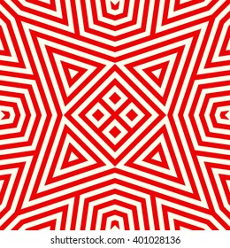 Seamless pattern with symmetric geometric ornament. Striped red white abstract background. Abstract repeated triangles wallpaper. Vector illustration