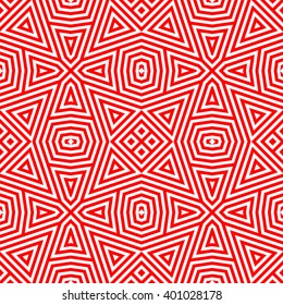Seamless pattern with symmetric geometric ornament. Striped red white abstract background. Abstract repeated triangles wallpaper. Vector illustration