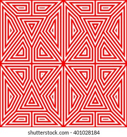 Seamless pattern with symmetric geometric ornament. Striped red white abstract background. Abstract repeated triangles wallpaper. Vector illustration