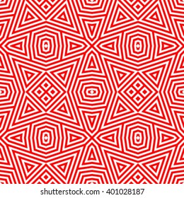 Seamless pattern with symmetric geometric ornament. Striped red white abstract background. Abstract repeated triangles wallpaper. Vector illustration