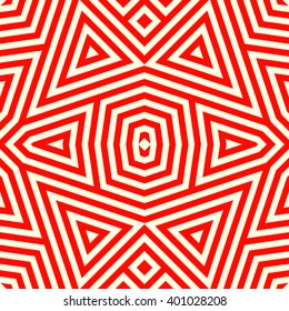 Seamless pattern with symmetric geometric ornament. Striped red white abstract background. Abstract repeated triangles wallpaper. Vector illustration