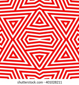 Seamless pattern with symmetric geometric ornament. Striped red white abstract background. Abstract repeated triangles wallpaper. Vector illustration
