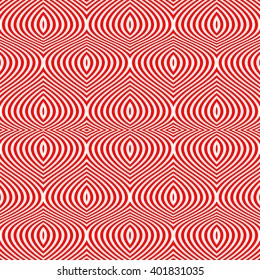 Seamless pattern with symmetric geometric ornament. Striped red white abstract background. Abstract repeated wavy lines wallpaper. Vector illustration