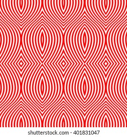 Seamless pattern with symmetric geometric ornament. Striped red white abstract background. Abstract repeated wavy lines wallpaper. Vector illustration