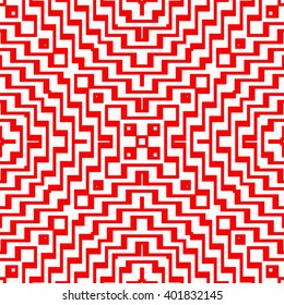 Seamless pattern with symmetric geometric ornament. Striped red white abstract background. Abstract repeated broken lines wallpaper. Vector illustration