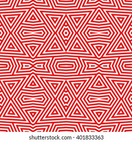 Seamless pattern with symmetric geometric ornament. Striped red white abstract background. Abstract repeated triangles wallpaper. Vector illustration