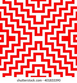 Seamless pattern with symmetric geometric ornament. Striped red white abstract background. Abstract repeated broken lines wallpaper. Vector illustration