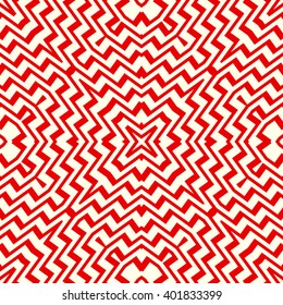 Seamless pattern with symmetric geometric ornament. Striped red white abstract background. Abstract repeated broken lines wallpaper. Vector illustration