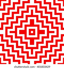 Seamless pattern with symmetric geometric ornament. Striped red white abstract background. Abstract repeated broken lines wallpaper. Vector illustration