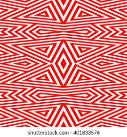 Seamless pattern with symmetric geometric ornament. Striped red white abstract background. Abstract repeated triangles wallpaper. Vector illustration
