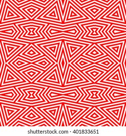 Seamless pattern with symmetric geometric ornament. Striped red white abstract background. Abstract repeated triangles wallpaper. Vector illustration
