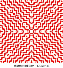 Seamless pattern with symmetric geometric ornament. Striped red white abstract background. Abstract repeated broken lines wallpaper. Vector illustration