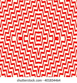 Seamless pattern with symmetric geometric ornament. Striped red white abstract background. Abstract repeated broken lines wallpaper. Vector illustration