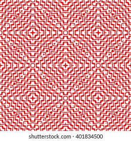 Seamless pattern with symmetric geometric ornament. Striped red white abstract background. Abstract repeated broken lines wallpaper. Vector illustration
