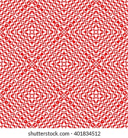 Seamless pattern with symmetric geometric ornament. Striped red white abstract background. Abstract repeated broken lines wallpaper. Vector illustration