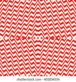 Seamless pattern with symmetric geometric ornament. Striped red white abstract background. Abstract repeated broken lines wallpaper. Vector illustration