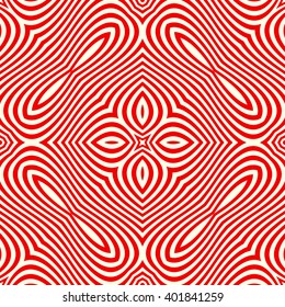 Seamless pattern with symmetric geometric ornament. Striped red white abstract background. Abstract repeated wavy lines wallpaper. Vector illustration