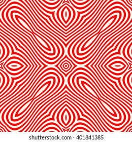 Seamless pattern with symmetric geometric ornament. Striped red white abstract background. Abstract repeated wavy lines wallpaper. Vector illustration