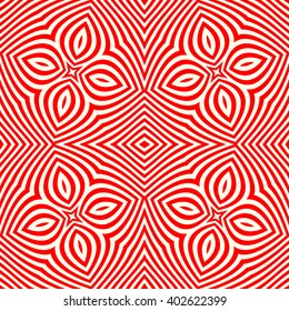 Seamless pattern with symmetric geometric ornament. Striped red white abstract background. Abstract repeated wavy lines wallpaper. Vector illustration