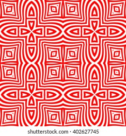 Seamless pattern with symmetric geometric ornament. Striped red white abstract background. Abstract repeated wavy lines wallpaper. Vector illustration