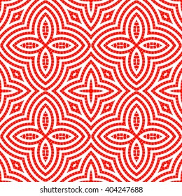 Seamless pattern with symmetric geometric ornament. Red white circles and square abstract background. Abstract repeated quadrangles wallpaper. Vector illustration