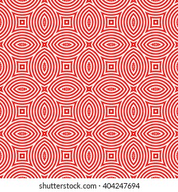Seamless pattern with symmetric geometric ornament. Red white circles and square abstract background. Abstract repeated quadrangles wallpaper. Vector illustration