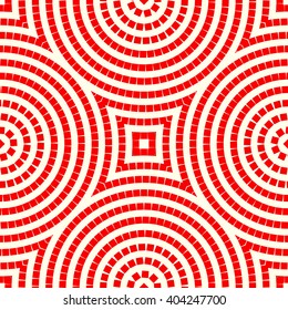 Seamless pattern with symmetric geometric ornament. Red white circles and square abstract background. Abstract repeated quadrangles wallpaper. Vector illustration