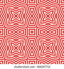 Seamless pattern with symmetric geometric ornament. Red white circles and square abstract background. Abstract repeated quadrangles wallpaper. Vector illustration