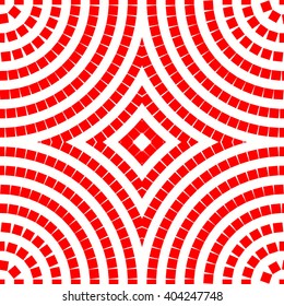 Seamless pattern with symmetric geometric ornament. Red white circles and square abstract background. Abstract repeated quadrangles wallpaper. Vector illustration