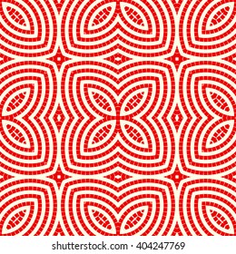 Seamless pattern with symmetric geometric ornament. Red white circles and square abstract background. Abstract repeated quadrangles wallpaper. Vector illustration