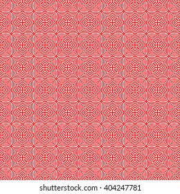 Seamless pattern with symmetric geometric ornament. Red white circles and square abstract background. Abstract repeated quadrangles wallpaper. Vector illustration