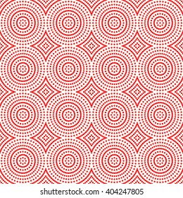 Seamless pattern with symmetric geometric ornament. Red white circles abstract background. Abstract repeated spheres wallpaper. Vector illustration