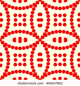 Seamless pattern with symmetric geometric ornament. Red white circles abstract background. Abstract repeated spheres wallpaper. Vector illustration