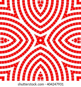 Seamless pattern with symmetric geometric ornament. Red white circles and square abstract background. Abstract repeated quadrangles wallpaper. Vector illustration