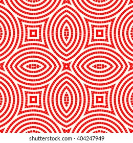 Seamless pattern with symmetric geometric ornament. Red white circles and square abstract background. Abstract repeated quadrangles wallpaper. Vector illustration