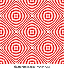Seamless pattern with symmetric geometric ornament. Red white circles and square abstract background. Abstract repeated quadrangles wallpaper. Vector illustration