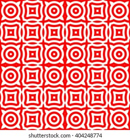 Seamless pattern with symmetric geometric ornament. Red white circles abstract background. Abstract repeated spheres and lines wallpaper. Vector illustration