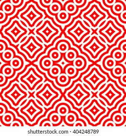 Seamless pattern with symmetric geometric ornament. Red white circles abstract background. Abstract repeated spheres and lines wallpaper. Vector illustration
